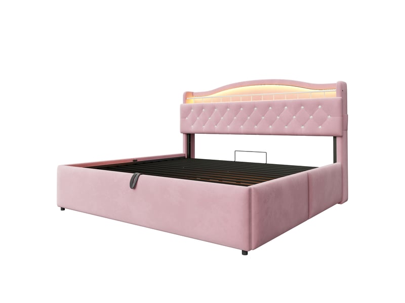  Lit capitonné 180*200 cm rose, coffre hydraulique, led, usb-c, tête avec rangements et cadre métal stable  - Conforama A