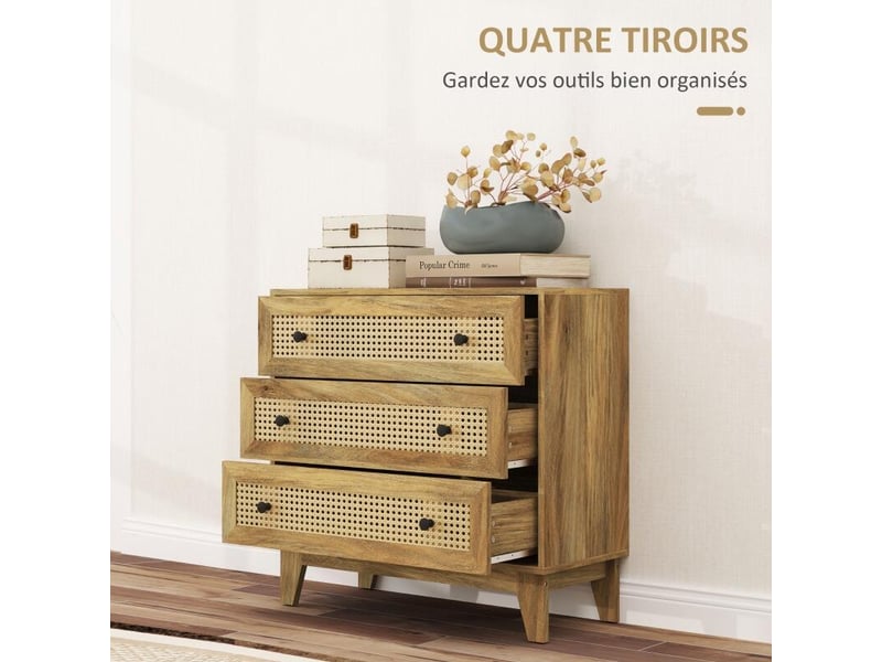  Commode 3 tiroirs meuble de rangement cannage en rotin aspect bois clair 80 x 35 x 76 cm  - Conforama E