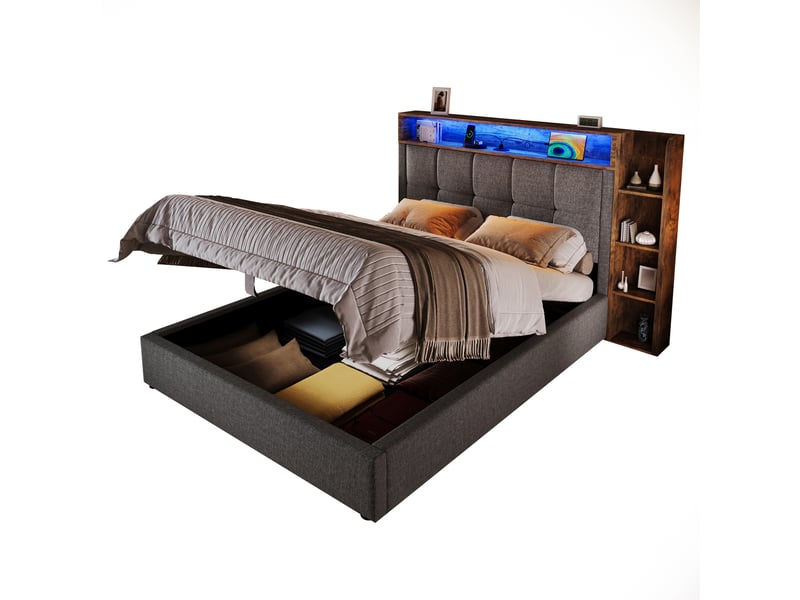  Lit rembourré 90x200 cm sans matelas, lin et mdf, led, usb type-c, rangements, gris pour chambre  - Conforama A