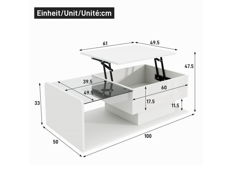  Table basse relevable avec rangements ouverts et cachés, led, plateau en verre trempé pour salon, 100 × 50 × 3347,5 cm  - Conforama D