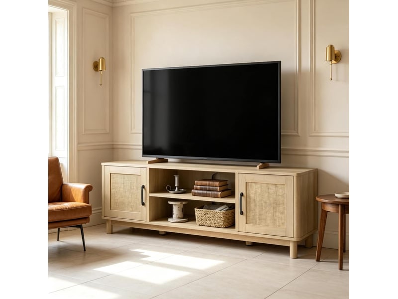 Meuble tv à 2 portes, niches ouvertes et passe-câbles, finition chêne clair, panneaux de particules 135 × 39 × 45 cm - Conforama B
