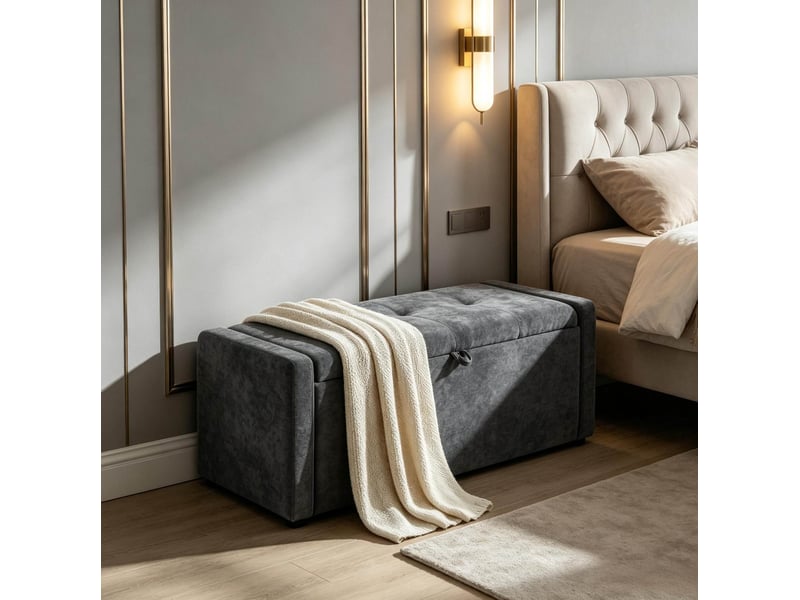  Banc de rangement 122 x 48 x 44 cm gris foncé en polyester, coffre caché et assise pour deux personnes  - Conforama B