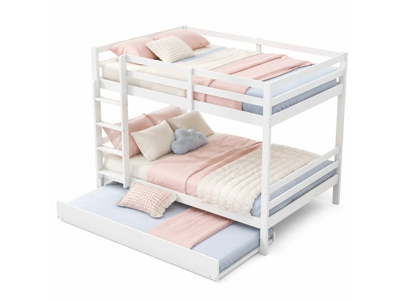  Lit superposé enfant 140x200 cm avec lit gigogne, échelle et barrières, blanc  - Conforama A