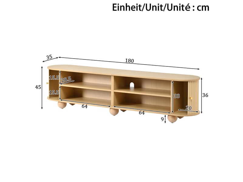  Meuble tv naturel 180x35x45 cm avec 2 portes coulissantes rainurées, rangement et passe-câbles  - Conforama C