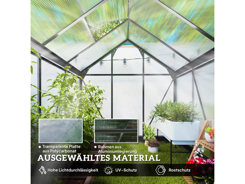 Serre aluminium 3,65 m², 190x192x201 cm, fondation, fenêtre toit, porte coulissante, panneaux uv 4 mm, tomatesplantes, extérieur. - Conforama D