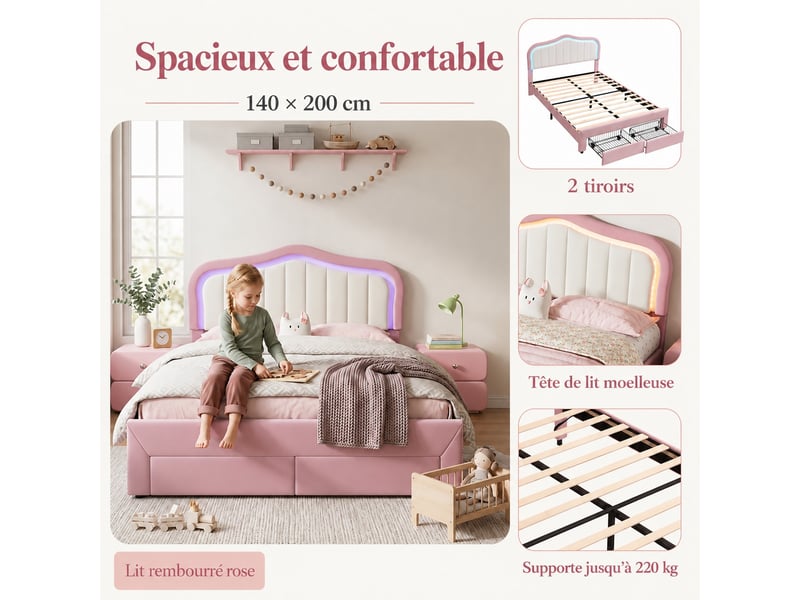 Lit enfant 140x200 cm rembourré - lit coffre - avec led réglable - avec tiroir de rangement - rose - Conforama E