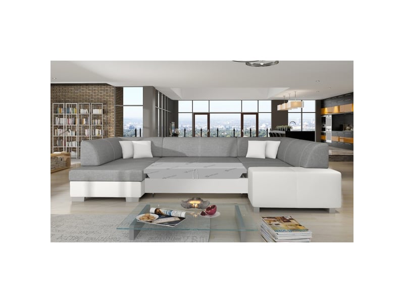  Canapé panoramique en u gris &amp; blanc convertible 6 places havane ressorts ondulés  - Conforama C