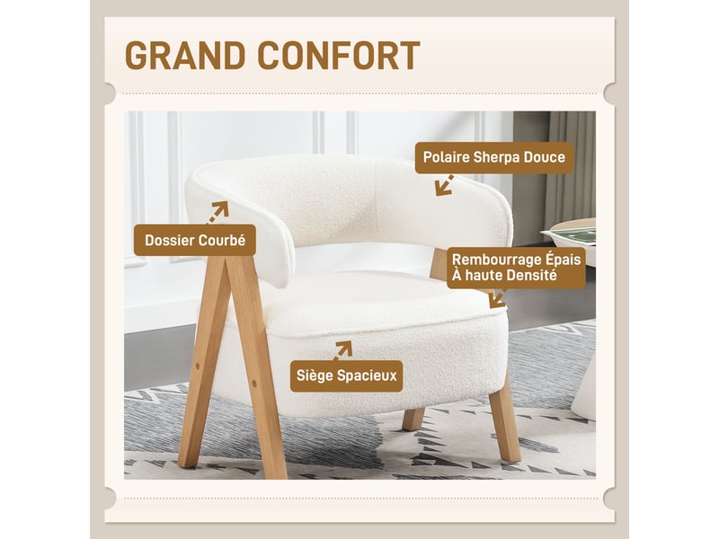  Fauteuil de salon en tissu bouclette blanc 70x64x71 cm  - Conforama D