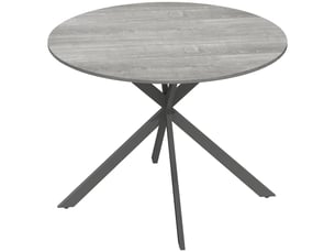 Table à manger ronde pour 4 personnes 100 cm, piètement croisé en acier, style industriel avec plateau aspect bois, gris