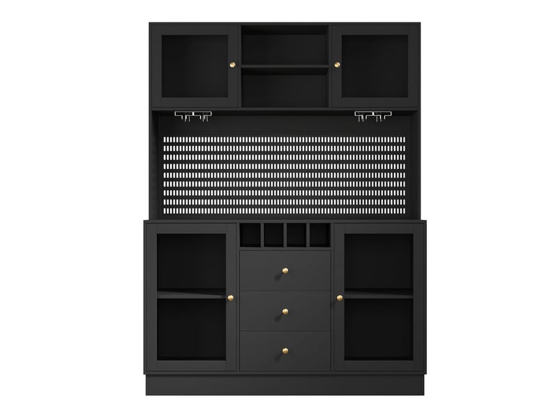 Buffet de cuisine, armoire haute noire, 4 portes & 3 tiroirs, avce éclairage led, porte-bouteilles vin  - Conforama R