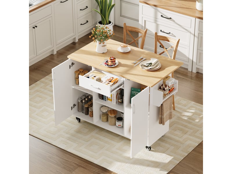  Îlot de cuisine sur roulettes 120cm, desserte avec plateau rabattable, tiroir et placard, blanc et chêne  - Conforama B