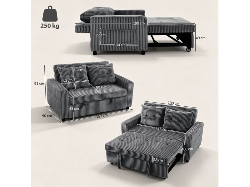  Canapé-lit 2 places 157x190 cm convertible en velours côtelé gris foncé sans matelas  - Conforama E