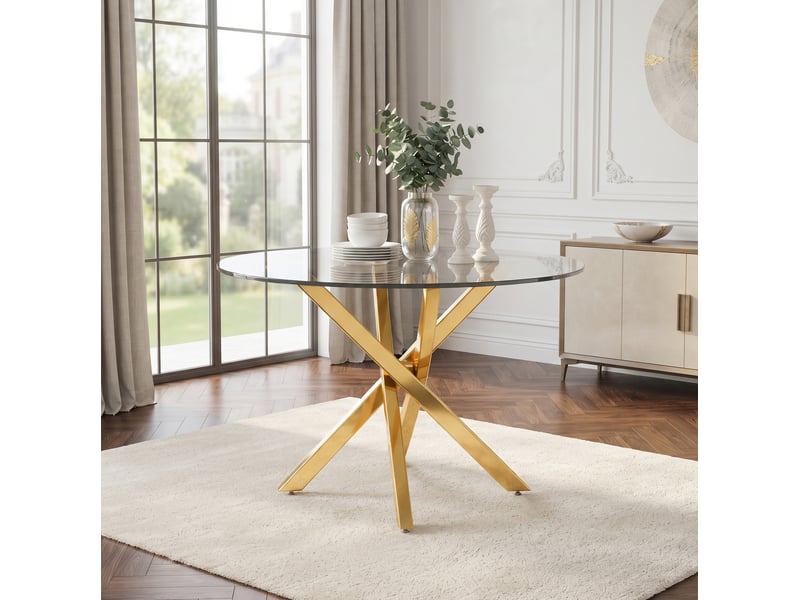 Table de salle à manger ronde avec plateau en verre trempé et pieds croisés dorés pour cuisine, 80 × 80 × 75 cm - Conforama C