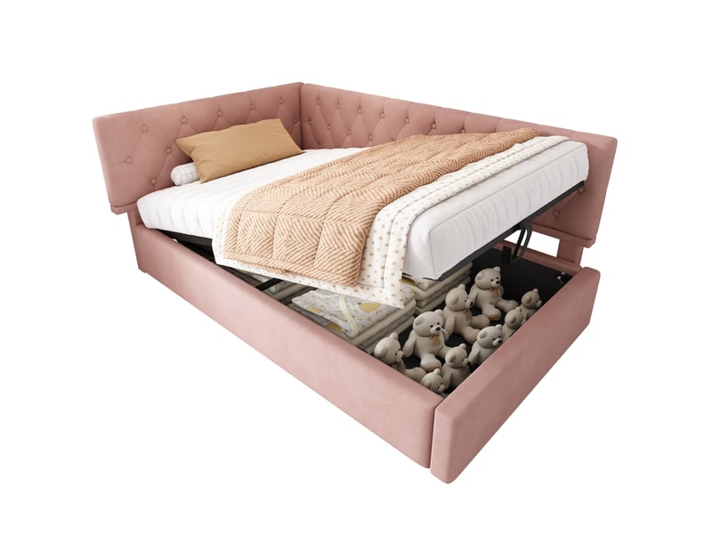  Lit coffre 90x190 cm avec dossier réversible, métal, rose, sans matelas  - Conforama A
