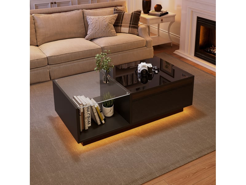 Table basse relevable led 100x50 cm noire brillante avec rangement - Conforama E