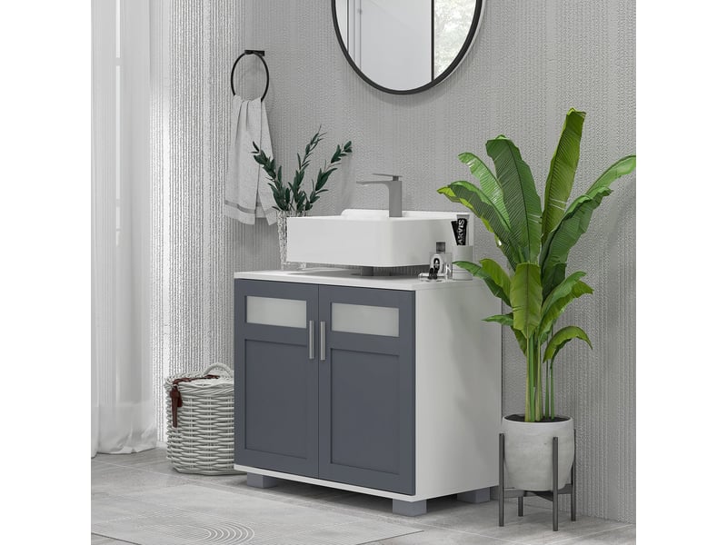  Meuble sous lavabo blanc et gris avec 2 portes en verre trempé, 69 x 35 x 59 cm  - Conforama D