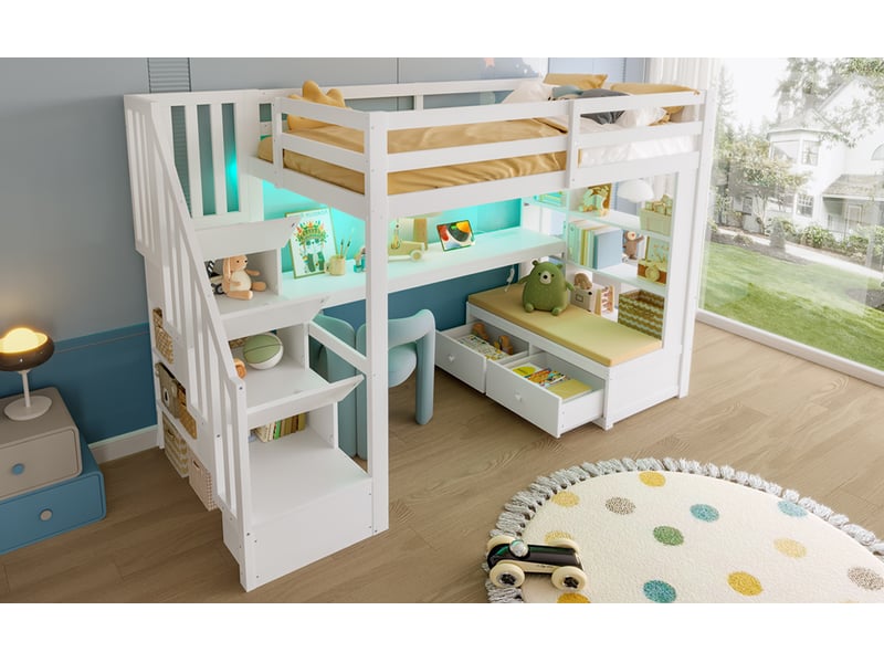  Lit mezzanine 90 × 200 cm, bureau, étagères, 2 tiroirs, escalier avec rangement, éclairage led, pin et mdf, blanc  - Conforama B