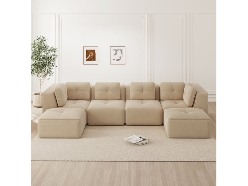  Canapé d'angle modulable en u 4 places en velours côtelé beige, sans montage, idéal pour le salon familial  - Conforama B