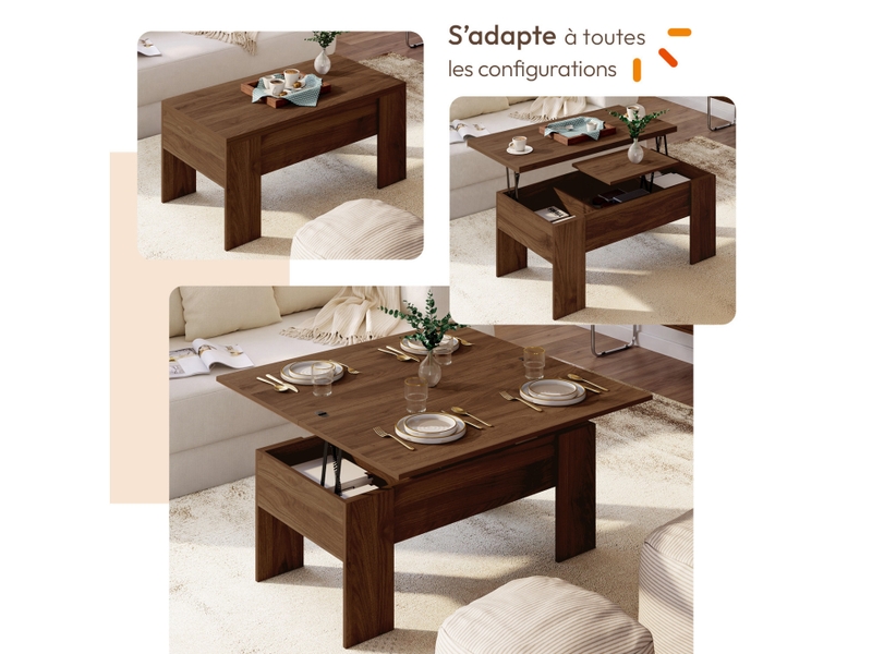  Table basse plateau relevable rectangulaire convertible en table à manger tara 100 cm bois effet noyer  - Conforama C