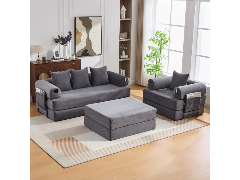  Canapé modulable, canapé 4 places — mousse haute densité, en velours tricoté, avec pouf, poches latérales  - Conforama C