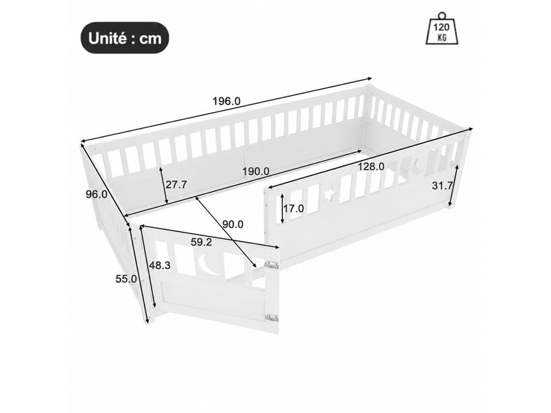  Lit enfant 90 x 190 cm en pin blanc avec barrière verrouillable, motifs étoiles et lune, sans sommier ni matelas  - Conforama C