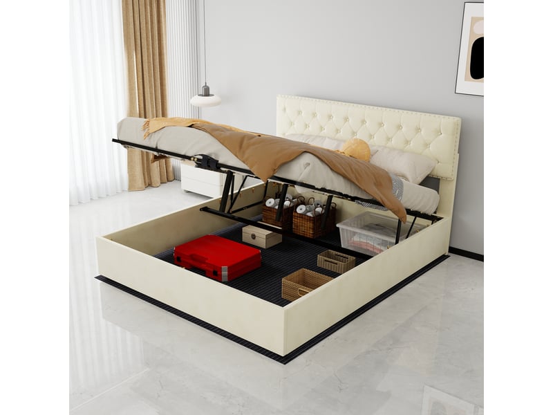 Lit 160x200 cm en tissu et métal avec rangement beige chicfurn - Conforama D