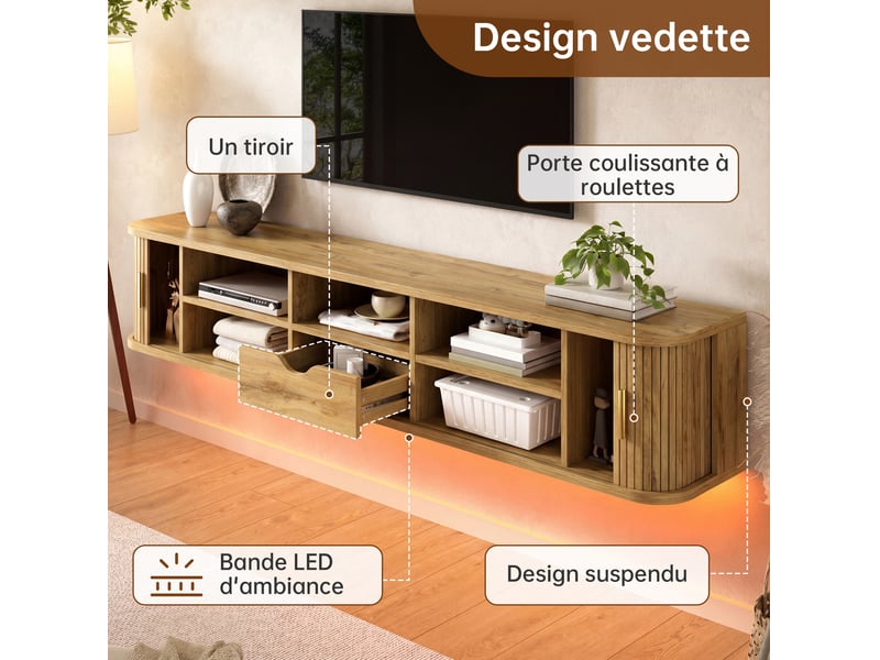  Meuble tv mural 175x30x30 cm avec led, mdf, coloris naturel  - Conforama E