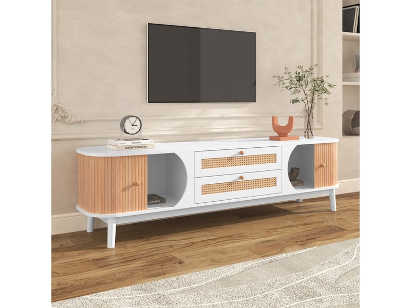  Meuble tv rotin 170 cm bois et blanc avec portes et tiroirs style campagne  - Conforama C