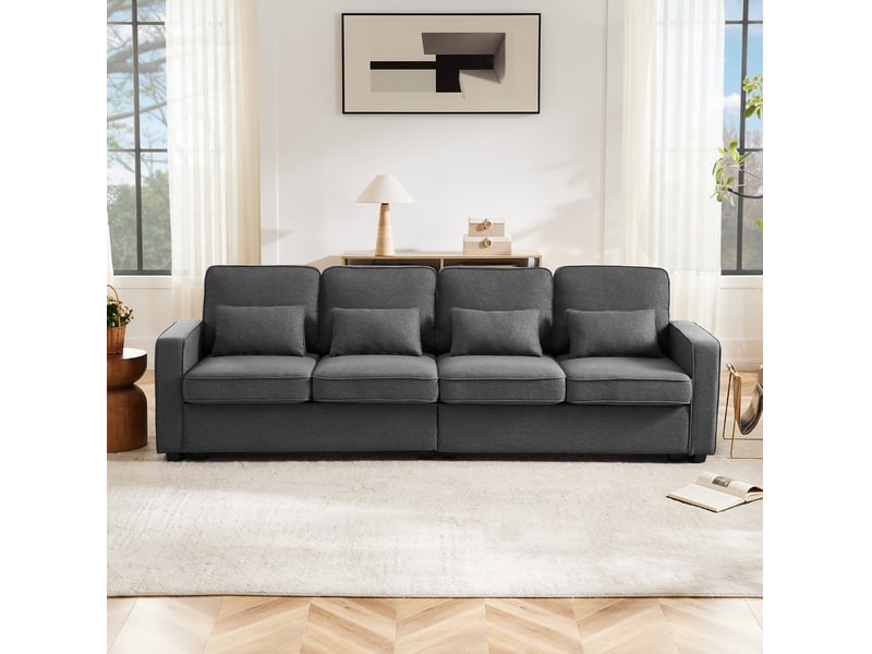  Canapé droit fixe 4 places en tissu gris foncé avec 4 coussins lombaires et poches de rangement latérales  - Conforama E