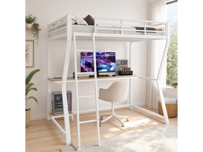  Lit mezzanine 140 x 200 cm avec bureau, led, prises usb et escalier blanc  - Conforama B