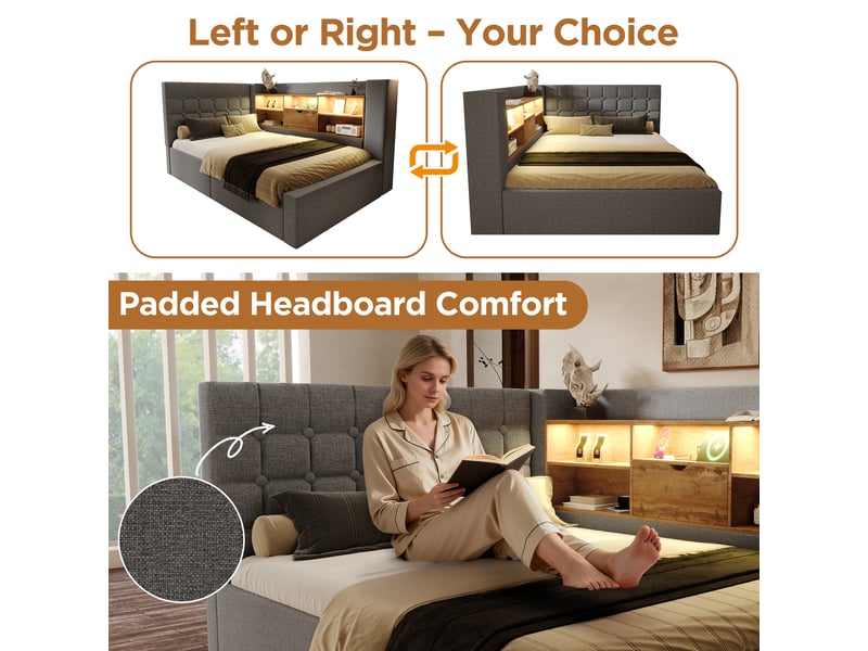  Lit banquette rembourré 140x190 cm, rangement hydraulique, tête de lit en l réversible avec étagères, led, usb et type-c, sommier à lattes, lin gris Radiant Stride - Conforama E