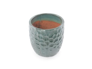 Pot de fleurs en céramique ø38 cm vert foncé brillant à relief martelé, avec trou de drainage, intérieur et extérieur
