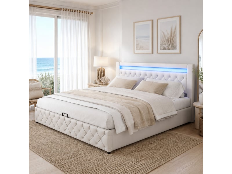  Lit coffre 180x200 cm avec sommier à lattes, rangement et éclairage led, blanc  - Conforama B