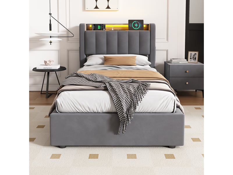  Lit coffre 90 × 200 cm avec rangement hydraulique, led et usb, sans matelas, en velours  - Conforama D