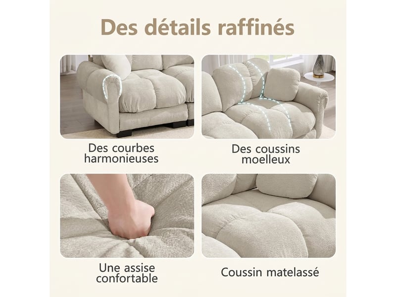  Canapé d'angle 3 places en chenille assises épaisses 260 x 149 x 90 cm avec ottomane mobile  - Conforama R