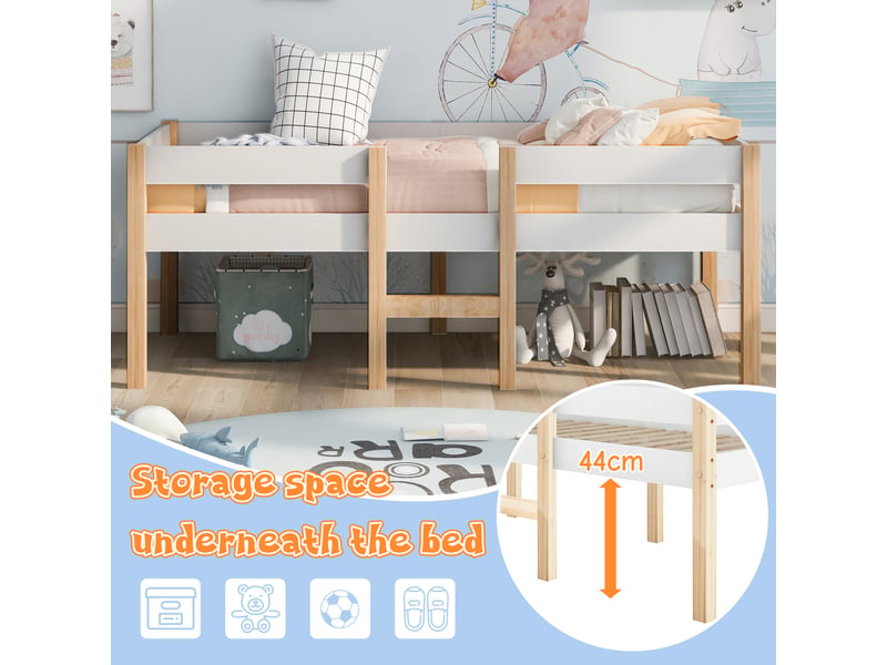  Lit enfant 90x200 cm avec protection antichute, lit simple en pin de haute qualité et offre pin massif, blanc, lit mi-hauteur  - Conforama E
