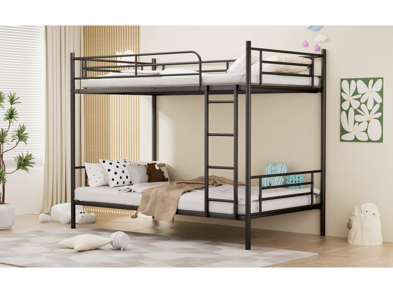  Lit superposé 90 × 190 cm avec escalier en métal, garde-corps haut, sans matelas, en acier, noir  - Conforama C
