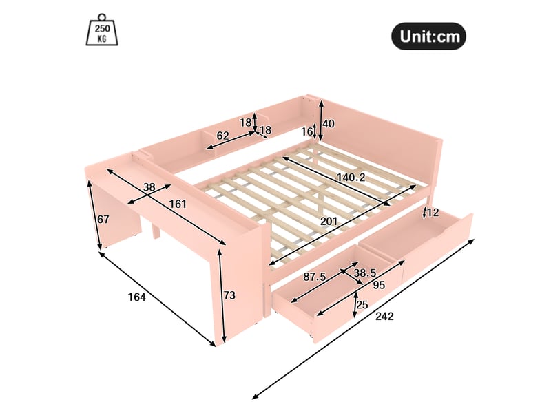  Lit double 140x200 en bois de pin avec bureau intégré et 2 tiroirs - rose  - Conforama C