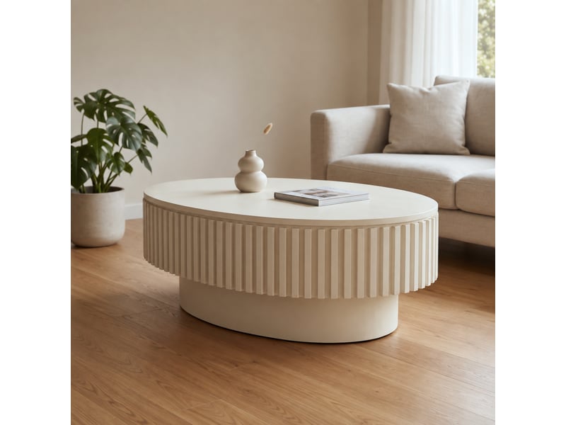  Table basse ovale avec coffre et décor cannelé crème 98 × 60 × 35 cm IKSETERA TRADING LTD - Conforama W