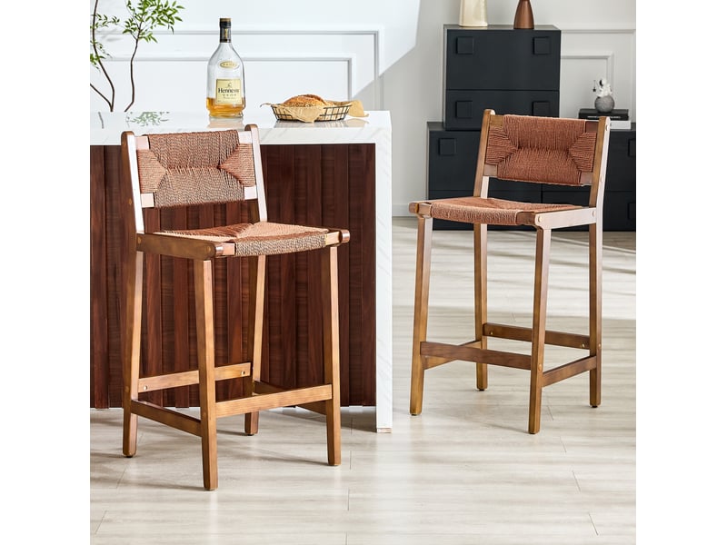  Lot de 2 tabourets de bar en bois massif avec dossier tressé, pour îlot de cuisine, couleur noyer  - Conforama B