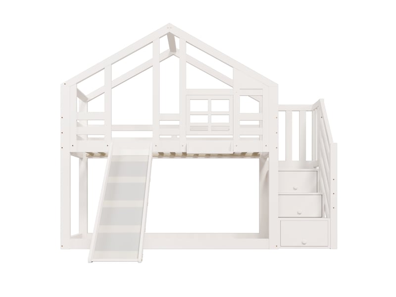 Lit cabane superposé 90x200 cm blanc avec toboggan, escalier de rangement et barrière de sécurité anti-chute - Conforama A