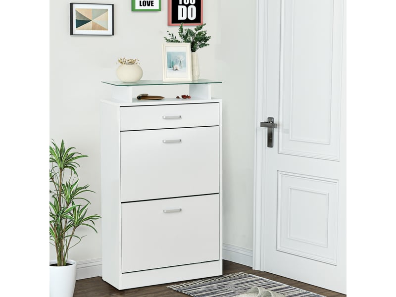  Armoire à chaussures meuble rangement chaussures 2 portes abattantes 2 compartiments, tiroir, plateau en verre - bois chêne blanc  - Conforama E