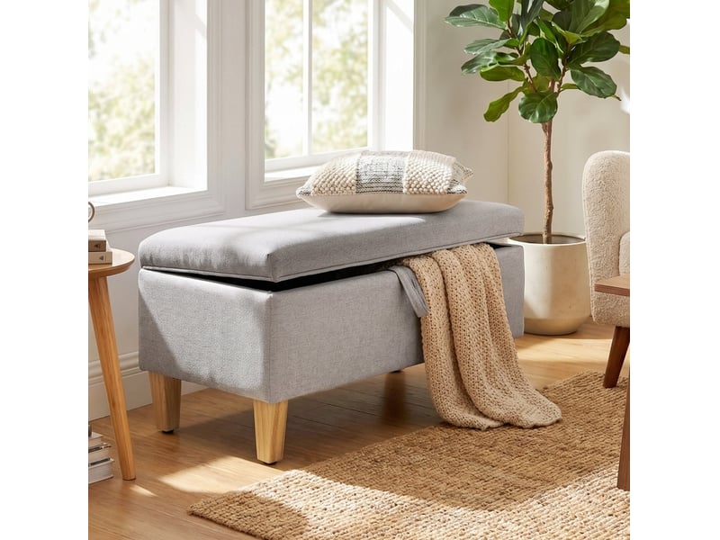  Banc coffre 71x37x36 cm, rangement intégré, bois et tissu aspect lin, pieds en bois, pour chambre et salon, gris clair  - Conforama B