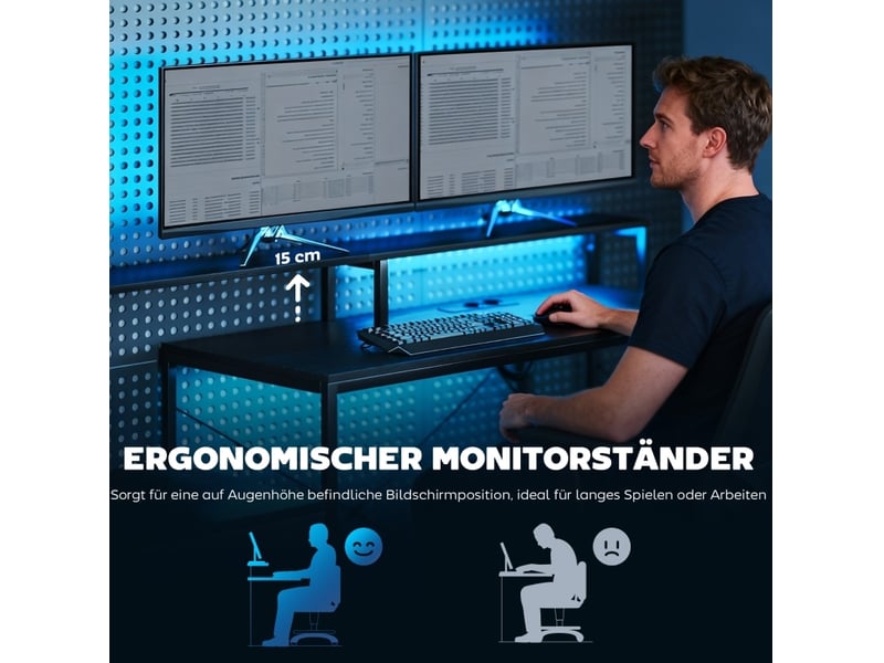 Bureau gaming en l noir 165 x 80 cm avec led 7 couleurs, prises et support double écran, rangement intégré - Conforama E