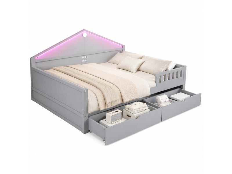  Lit enfant 140x200 cm avec sommier, led contrôlée par smartphone et 2 tiroirs gris  - Conforama A