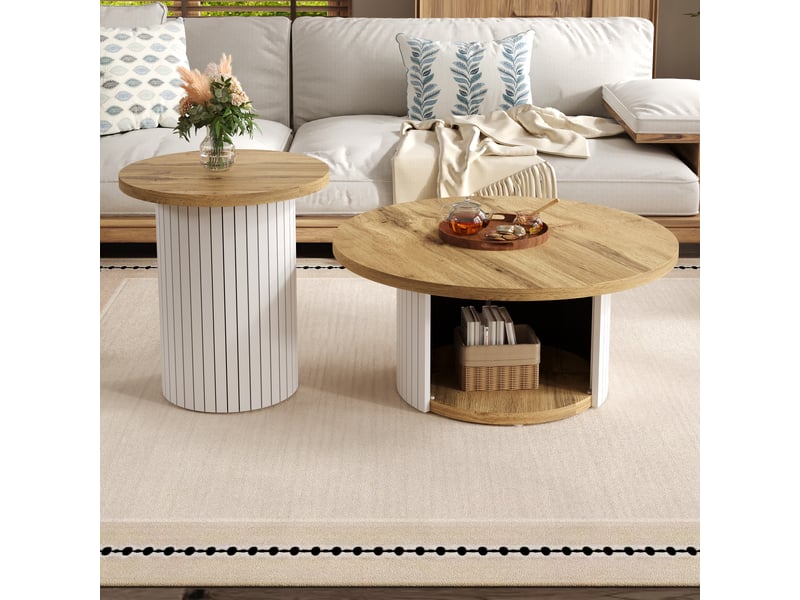 Table basse ronde double style scandinave naturel, ensemble modulable pour salon avec lattes verticales, mdf - Conforama C