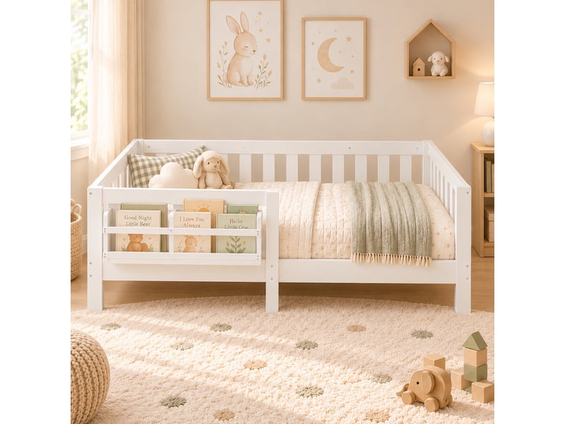  Lit enfant 90x200 cm avec barrière de sécurité, bibliothèque intégrée et sommier à lattes, structure en bois, pour chambre d’enfant - blanc  - Conforama B