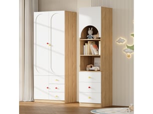 Armoire 2 portes avec penderie et tiroirs pour chambre en mdf 80×50×200 cm blanc et bois naturel