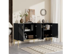 Buffet 160x40x80,5 cm, design élégant, poignées et pieds métal doré, 4 portes, 2 étagères réglables, mdf noir, salon