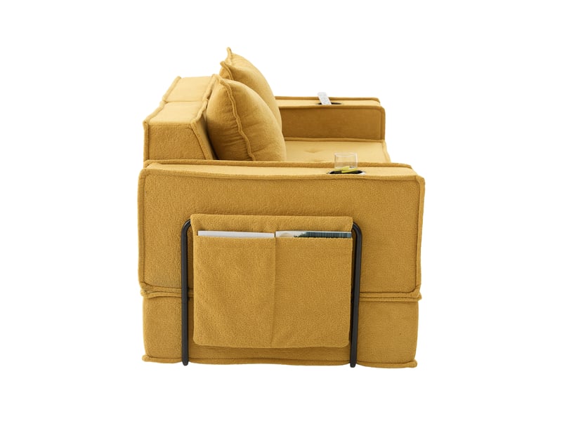 Canapé-lit double 2 places, tissu moderne, 2 coussins, pouf avec rangement, porte-gobelets, multifonctionnel  - Conforama D